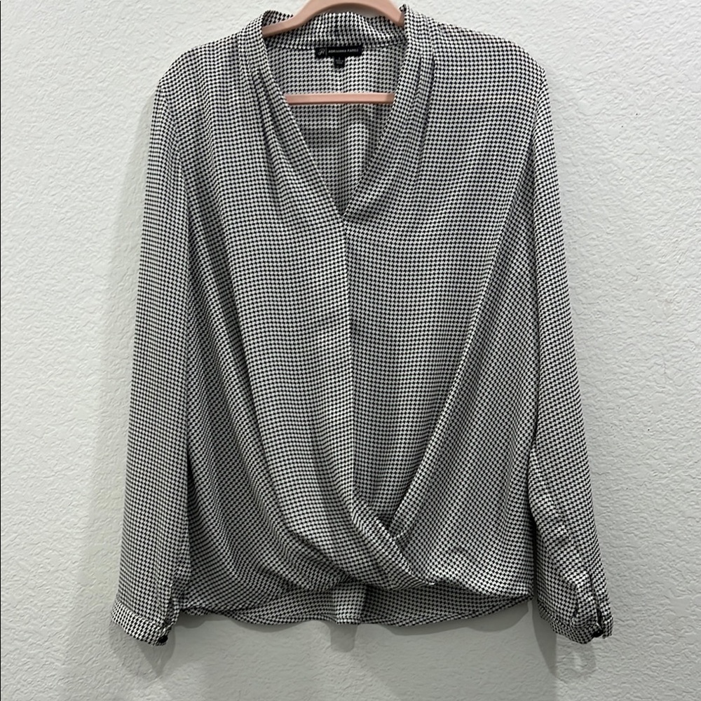 Adrianna Papell Black and White Patterned Long Sleeve Professional Blouse Size L
